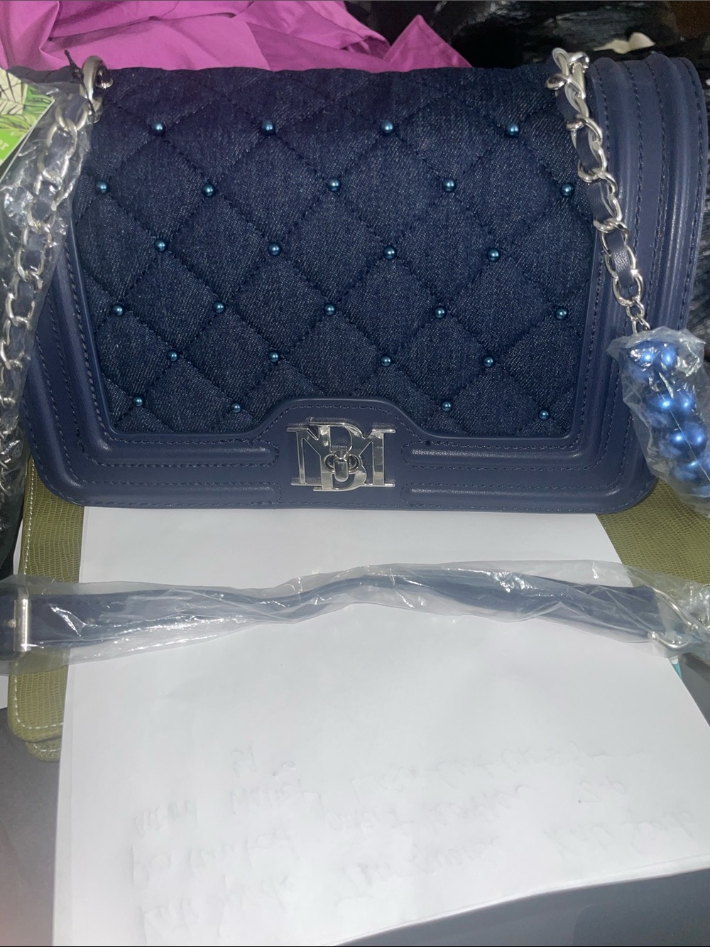 Badgley Mischka Quilted Navy Crossbody with Silver Chain
